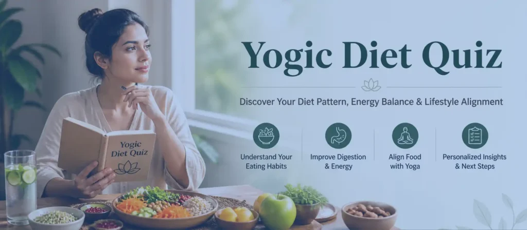 Person analyzing yogic diet quiz with fresh healthy food showing eating patterns, digestion, and energy balance