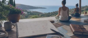 Calendar and travel planning setup on a coastal yoga terrace in Portugal showing the best time for a yoga retreat in Portugal.