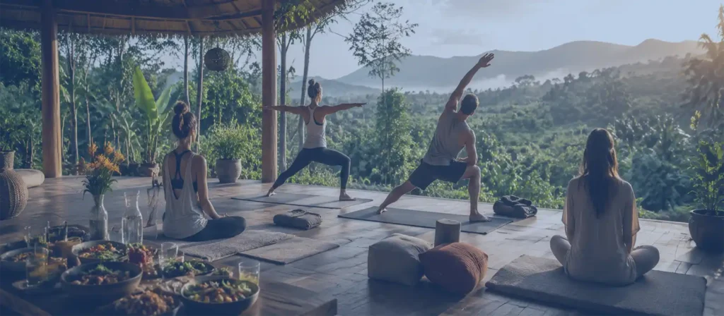What happens at a yoga retreat: participants practicing yoga, meditation, healthy eating, and relaxation during a residential yoga retreat experience in nature