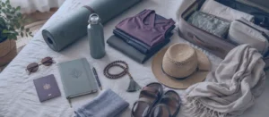 Yoga Retreat Packing List Essentials Guide Home Yoga retreat packing list essentials with yoga mat, clothes, journal, water bottle, hat, sandals, and open suitcase.