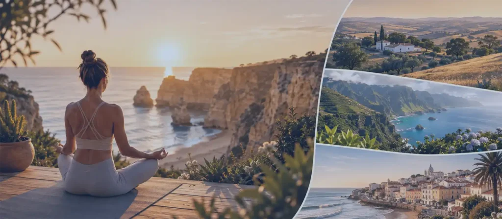 algarve yoga retreat portugal regions Algarve Yoga Retreat: What to Know Before You Choose Woman meditating at an Algarve yoga retreat with coastal views of other Portugal retreat regions