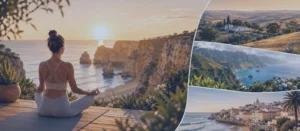 algarve yoga retreat portugal regions Home Woman meditating at an Algarve yoga retreat with coastal views of other Portugal retreat regions