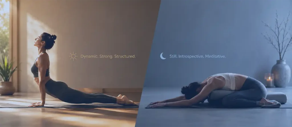 Ashtanga vs Yin Yoga comparison showing a dynamic Ashtanga pose and a still, supported Yin Yoga posture.